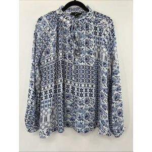 3 For$20 GNW Blue and White Printed Boho Flattering Tie-Neck Blouse size M